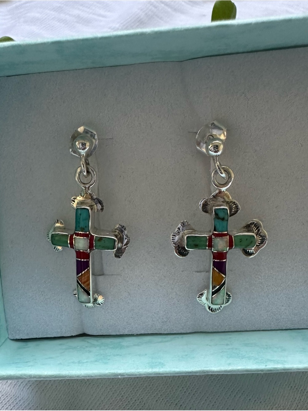 Sterling Silver 925  Multicolor Inlay Cross Drop Earrings